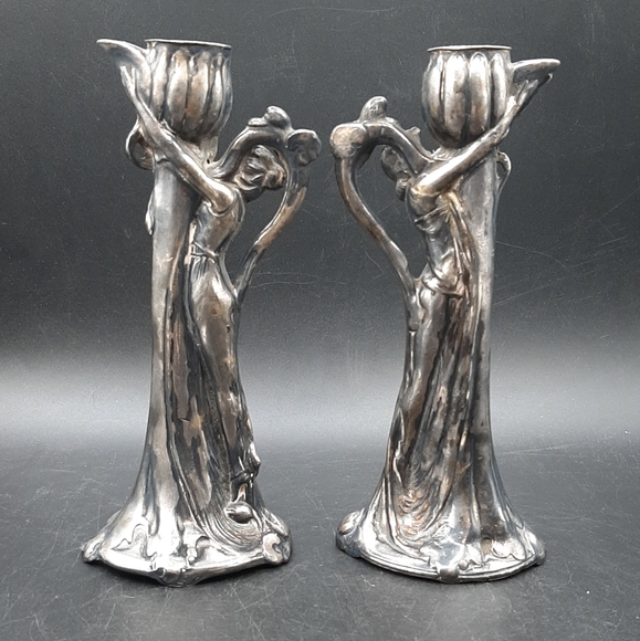 2 Antique Art Nouveau Silver Plate Figural Lady Candlesticks SIMPSON HALL MILLER - Picture 5 of 9